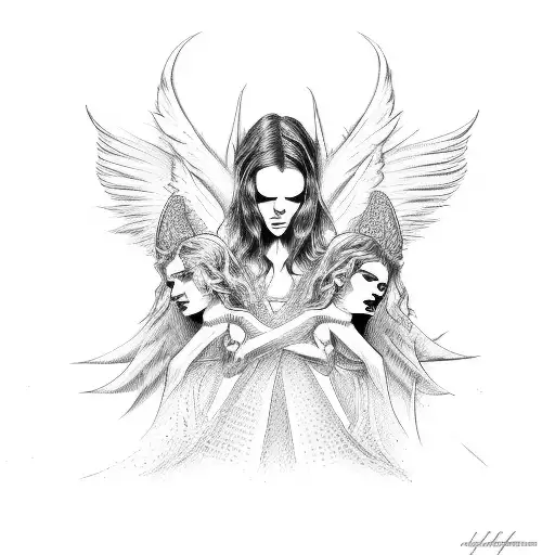 angel and devil sitting opposite each other, angel with devil traits and evil wi tattoo design idea