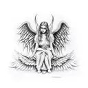 angel and devil sitting opposite each other, angel with devil traits and evil wi tattoo design idea