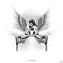 angel and devil sitting opposite each other, angel with devil traits and evil wi tattoo design idea