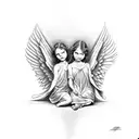 angel and devil sitting opposite each other, angel with devil traits and evil wi tattoo design idea