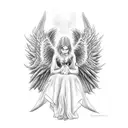 angel and devil sitting opposite each other, angel with devil traits and evil wi tattoo design idea