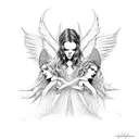 angel and devil sitting opposite each other, angel with devil traits and evil wi tattoo design idea