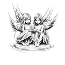 angel and devil sitting opposite each other, angel with devil traits and evil wi tattoo design idea