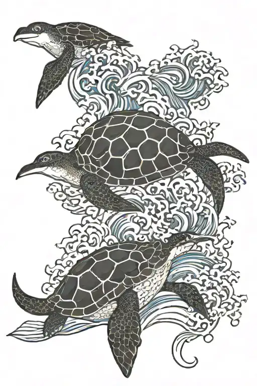 waves, turtle, pterodactyl, penguin tattoo design idea