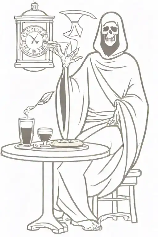 grim reaper at table with communion wine, bread, and a clock tattoo design idea