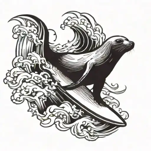 surfing seal  tattoo design idea