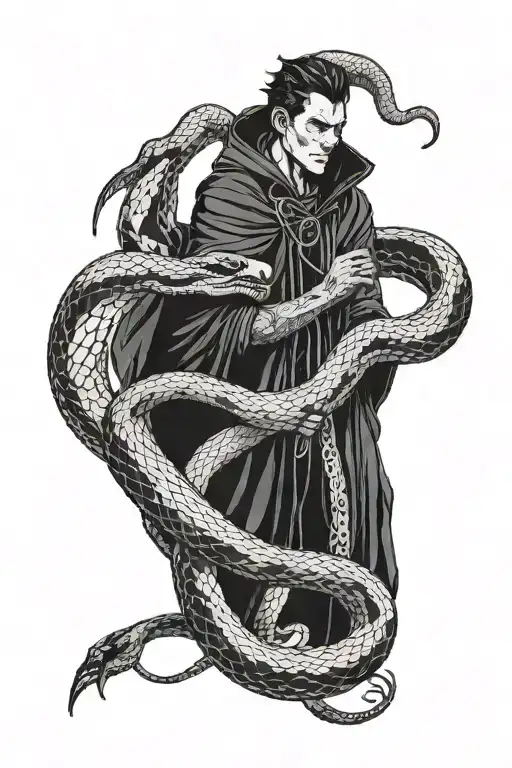 a man in a cloak holding a giant snake wrapped tattoo design idea