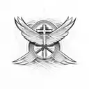 Christian Cross with wings and ribbon with Family Forever inscription tattoo design idea