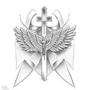 Christian Cross with wings and ribbon with Family Forever inscription tattoo design idea
