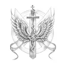 Christian Cross with wings and ribbon with Family Forever inscription tattoo design idea