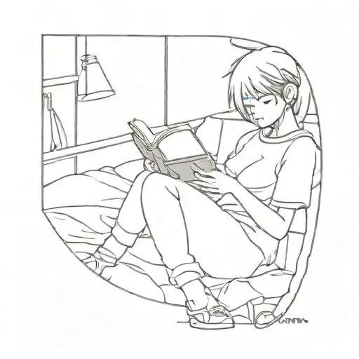 A minimalist tattoo of an anime character reading a book in a cozy sleeping nook tattoo design idea
