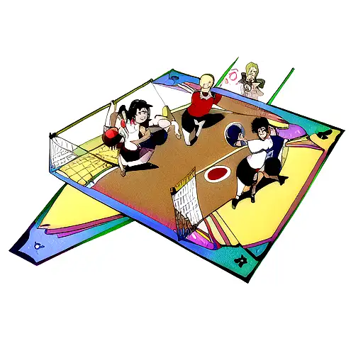 dieces, hourglass and 3 cards arround a ball of volleyball court tattoo design idea