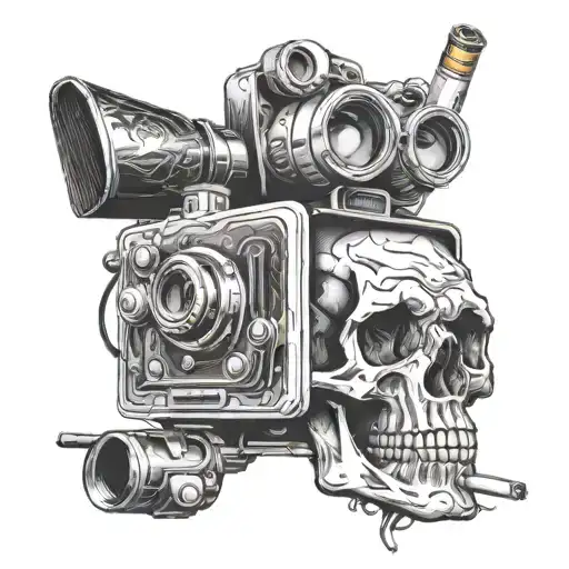 skull camera cigarette smoke forming tattoo design idea