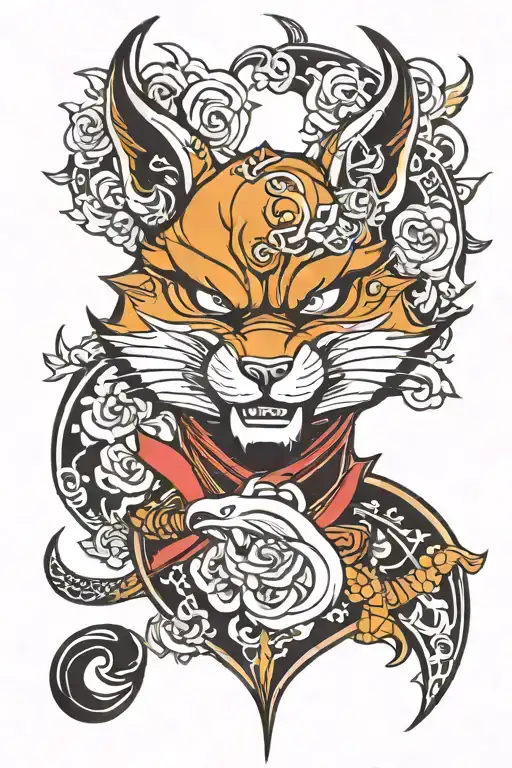 Samurai mask, fox, dolphin tattoo design idea