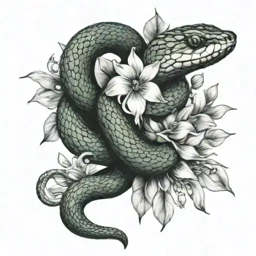snake flowers tattoo design idea