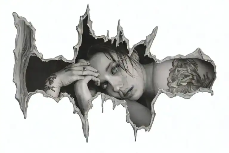 woman feeling pian , distress , sorrow, grief,moarning , fades out  , 3D 4K clear and real looking tattoo design idea