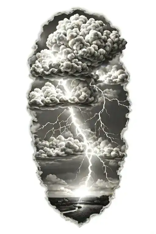 realistic lightning storm clouds black and white tattoo design idea