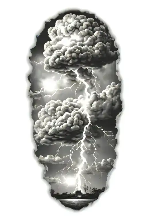realistic lightning storm clouds black and white tattoo design idea