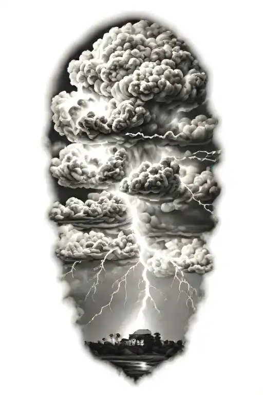 realistic lightning storm clouds black and white tattoo design idea