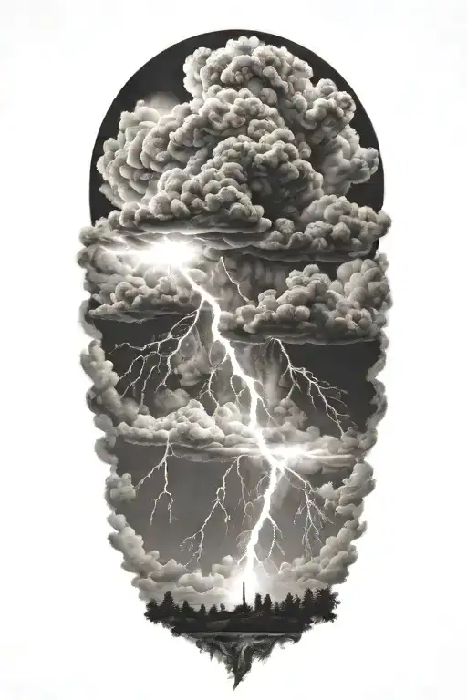 realistic lightning storm clouds black and white tattoo design idea