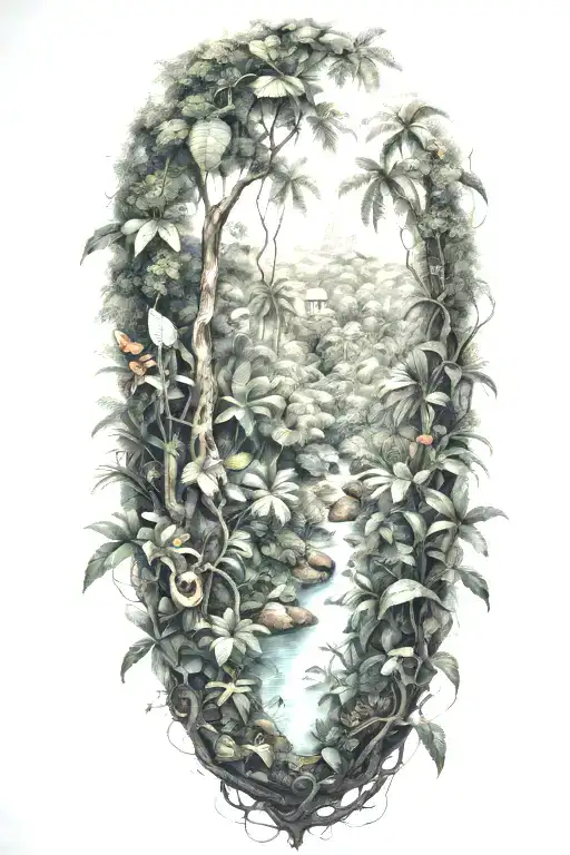 realistic jungle tattoo with no animals and only jungle and vines tattoo design idea