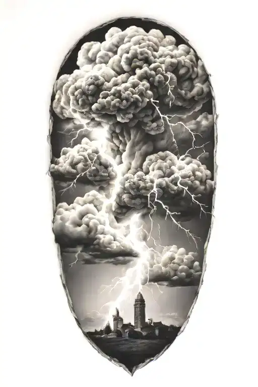 realistic lightning storm clouds black and white tattoo design idea