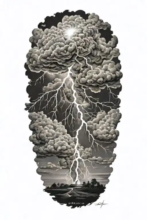 realistic lightning storm clouds black and white tattoo design idea