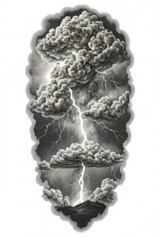 realistic lightning storm clouds black and white tattoo design idea