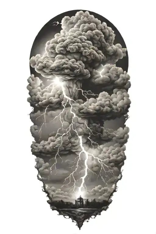 realistic lightning storm clouds black and white tattoo design idea