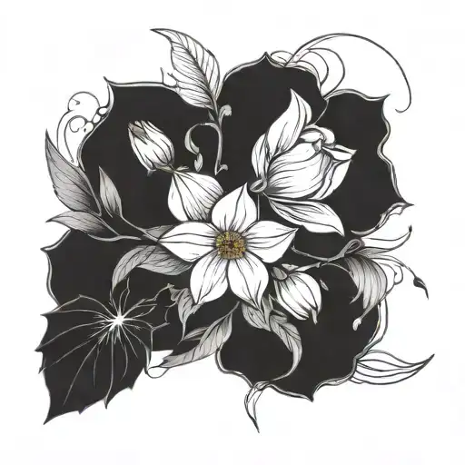 Daffodil, Sakura, Honeysuckle, Rose, Poppy, Gladiolus, Marigold, and Cosmos. tattoo design idea