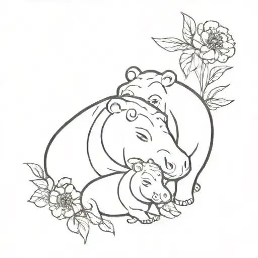 mom and baby  hippo with carnations  tattoo design idea