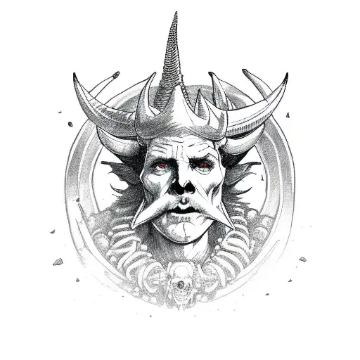 horned king sitting on a throne with skulls and angels falling around him tattoo design idea