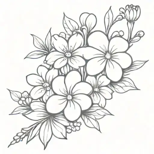 violets and daisies in a bouquet showing stems tied together and narrow tattoo design idea