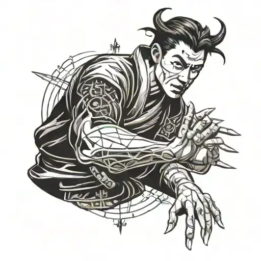 A blackwork tattoo of a martial arts master wielding a web design tool as a weapon tattoo design idea