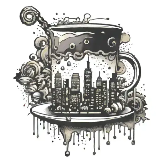 A city skyline with a coffee cup and party hats scattered throughout tattoo design idea