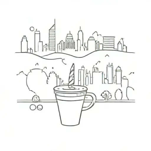 A city skyline with a coffee cup and party hats scattered throughout tattoo design idea