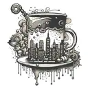 A city skyline with a coffee cup and party hats scattered throughout tattoo design idea