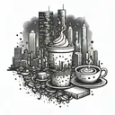 A city skyline with a coffee cup and party hats scattered throughout tattoo design idea