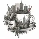 A city skyline with a coffee cup and party hats scattered throughout tattoo design idea