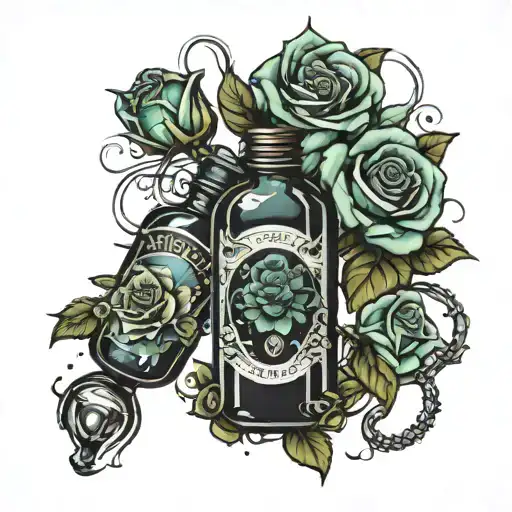 roses and potion bottle with tags of dopamin and estrogen molecules  tattoo design idea