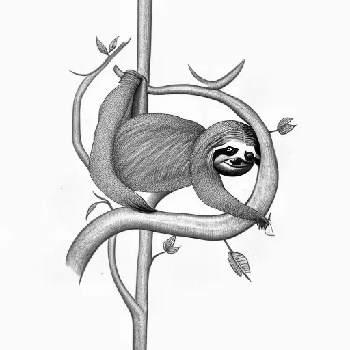 sloth hanging from a tree and reaching a weed plant tattoo design idea