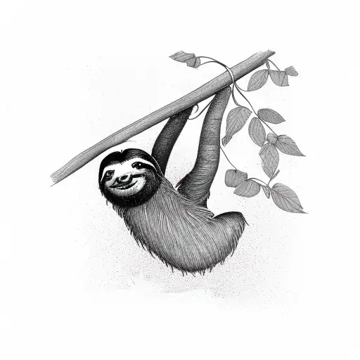 sloth hanging from a tree and reaching a weed plant tattoo design idea