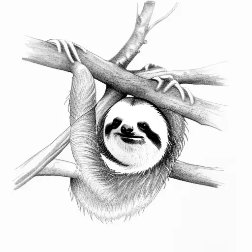 sloth hanging from a tree and reaching a weed plant tattoo design idea