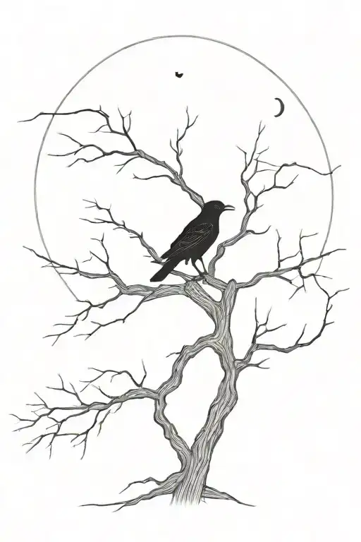 a dead tree with the moon behind and a crow perched on a branch tattoo design idea