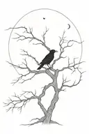a dead tree with the moon behind and a crow perched on a branch tattoo design idea
