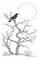 a dead tree with the moon behind and a crow perched on a branch tattoo design idea
