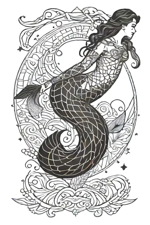 mermaid tail combined with a moon shining tattoo design idea