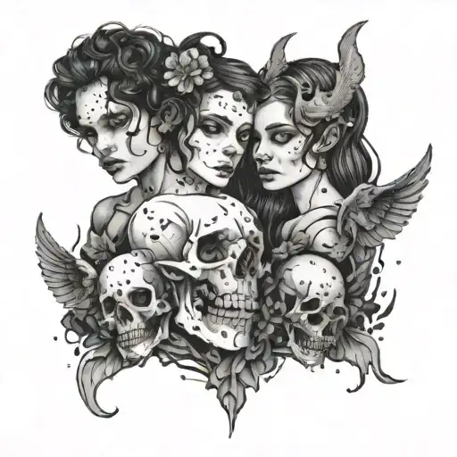 A girl with two heads, one the head of a demon, the other an angel, who holds a bunch of skulls in her hand tattoo design idea