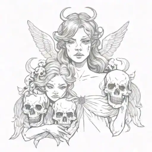 A girl with two heads, one the head of a demon, the other an angel, who holds a bunch of skulls in her hand tattoo design idea