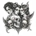 A girl with two heads, one the head of a demon, the other an angel, who holds a bunch of skulls in her hand tattoo design idea